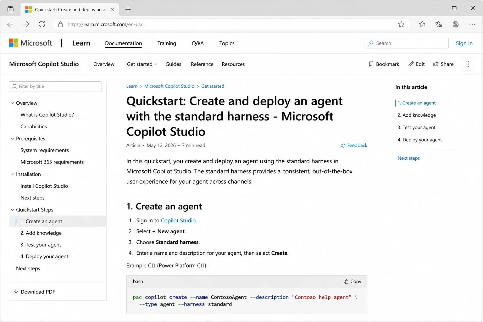 Microsoft Learn DSC v3 Get Started guide showing the installation and quickstart steps