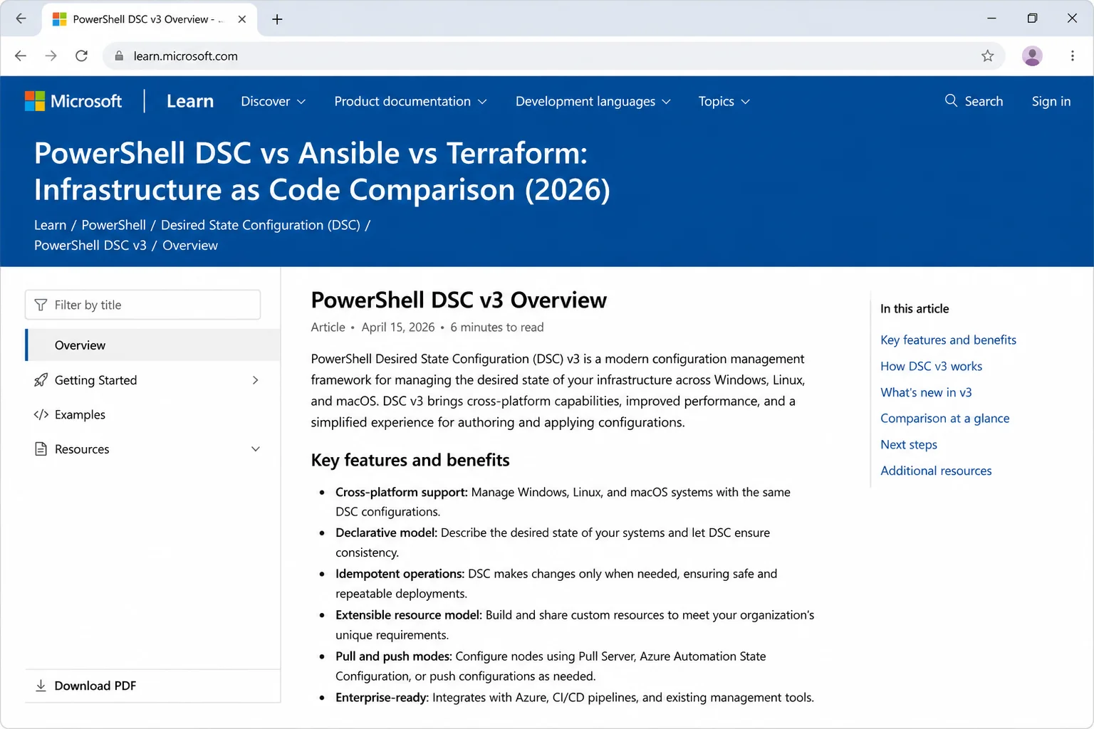 Microsoft Learn official DSC v3 overview page showing the product description and cross-platform positioning