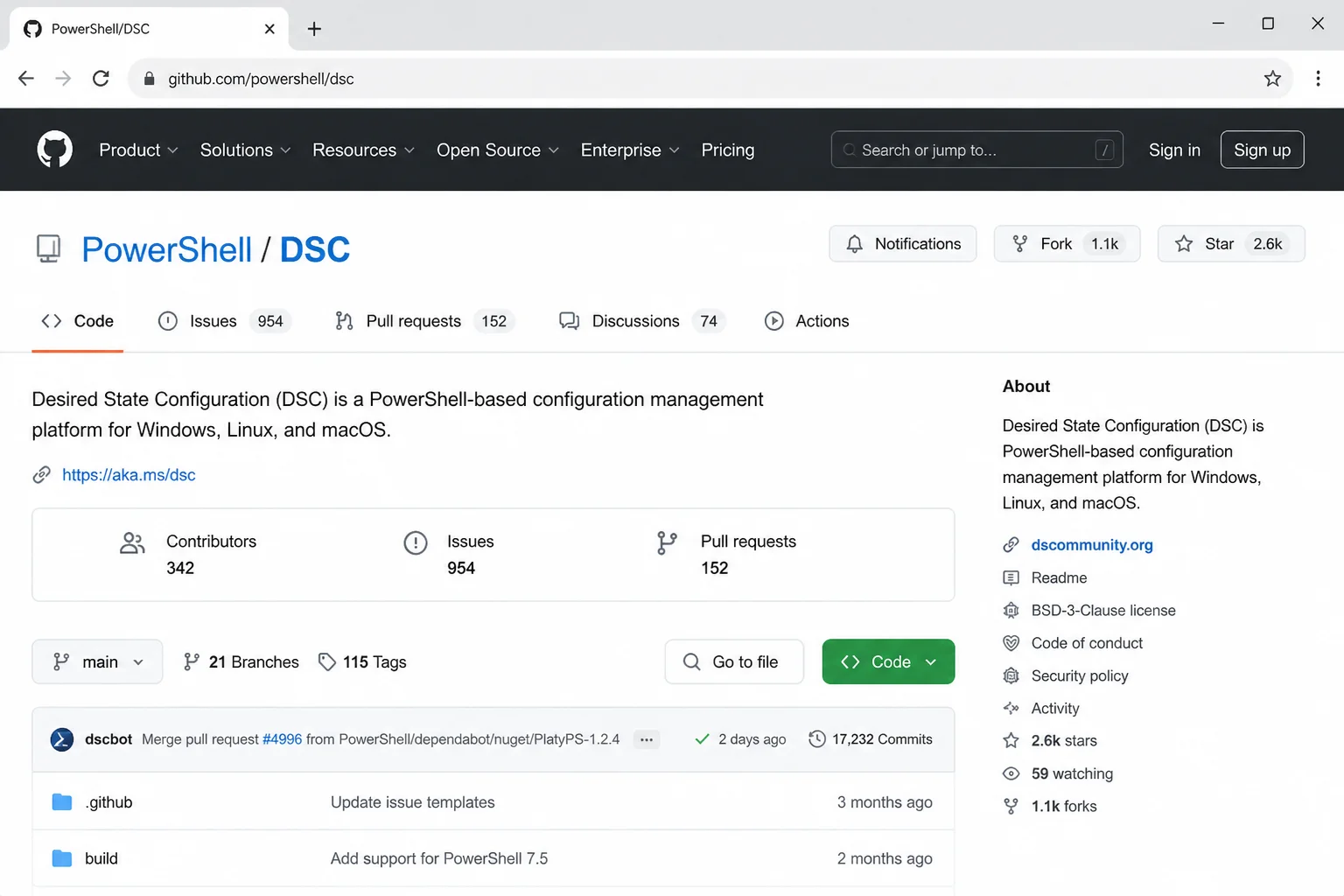 GitHub repository page for PowerShell/DSC showing the current release tag and repository structure