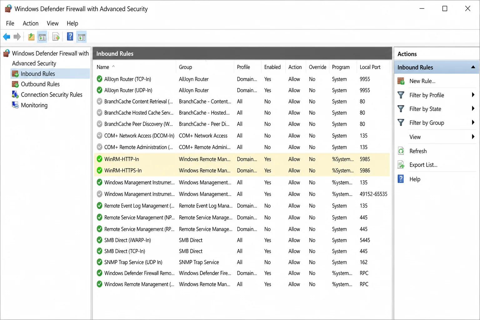 Windows Defender Firewall with Advanced Security window showing Inbound Rules filtered to WinRM-HTTP-In and WinRM-HTTPS-In rules with their port numbers visible