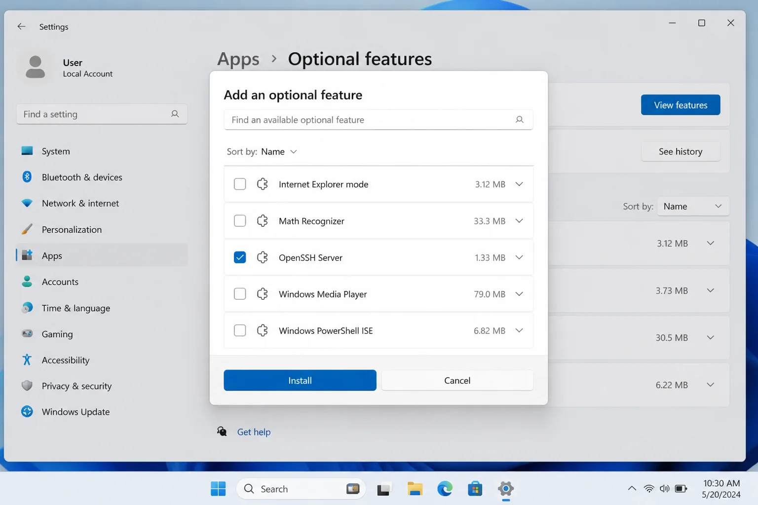 Windows Settings Optional Features screen showing OpenSSH Server listed as an installable or already-installed feature