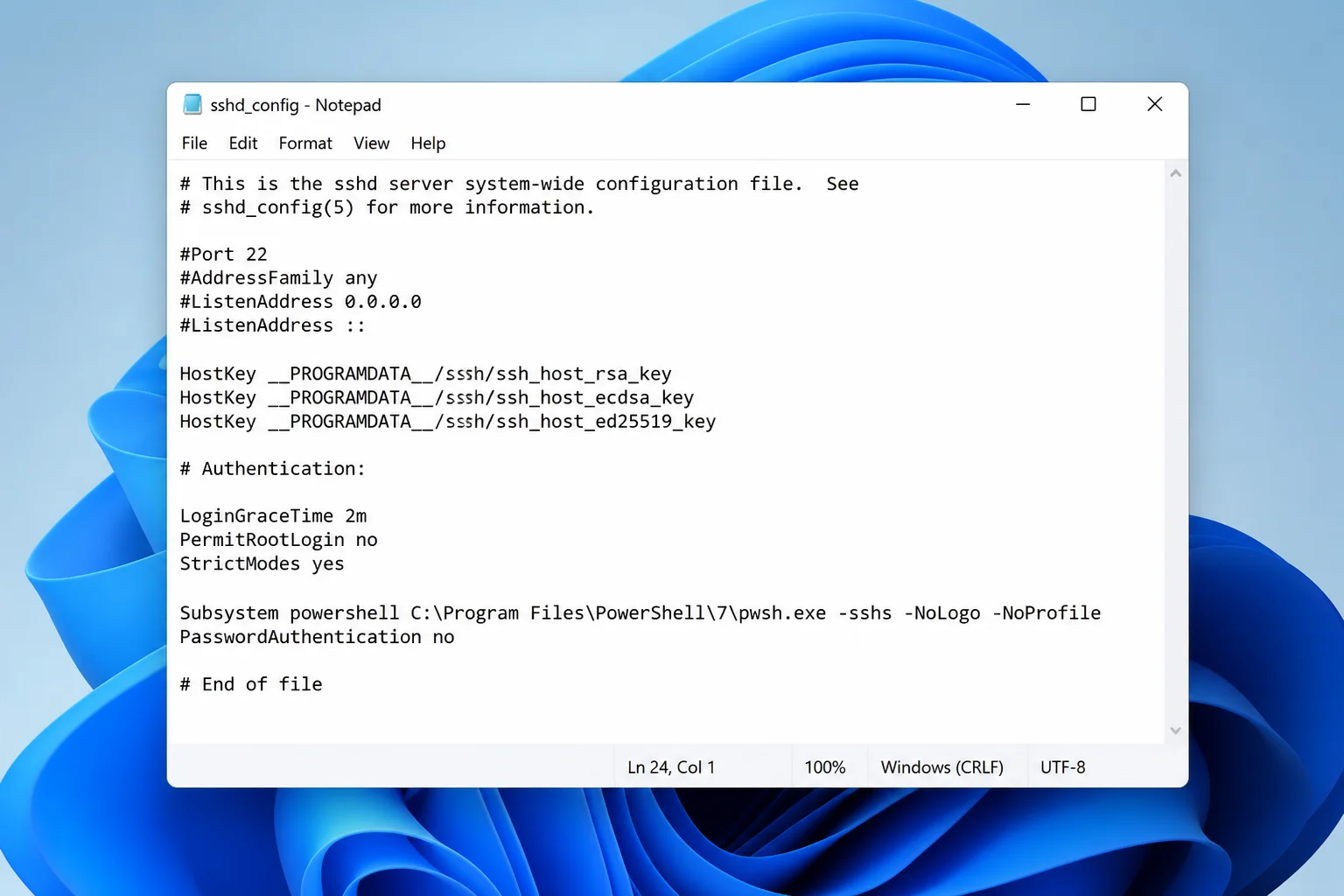 Text editor showing the sshd_config file with the Subsystem powershell line pointing to pwsh.exe, and PasswordAuthentication no set below it