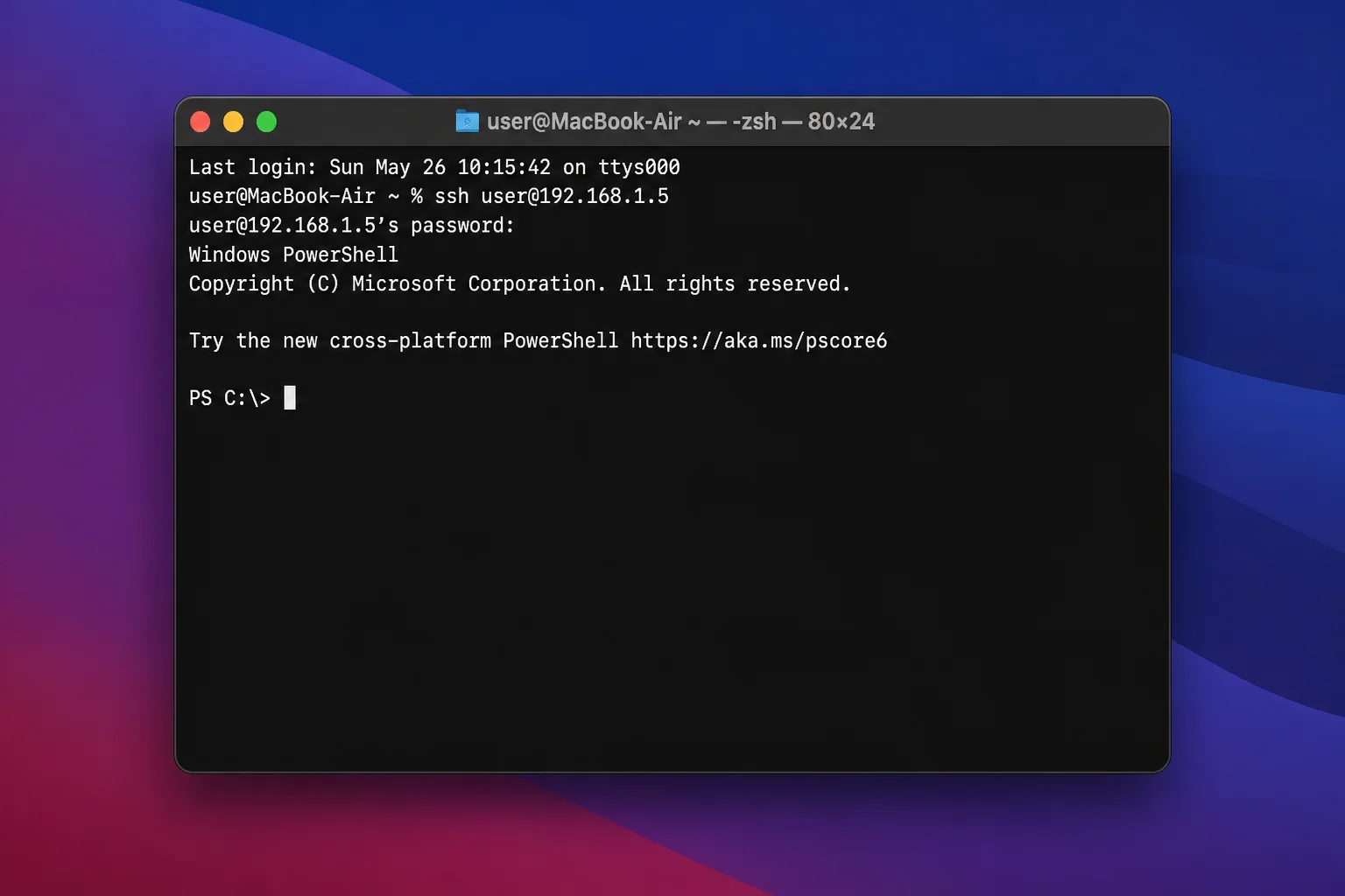 macOS Terminal window showing a successful ssh connection into Windows Server resulting in a PowerShell prompt, with the ssh command and PS C:\ prompt visible