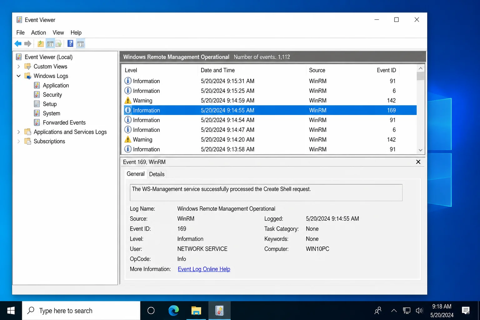 Event Viewer open to the Windows Remote Management Operational log showing a session-created event entry with timestamp and user details visible