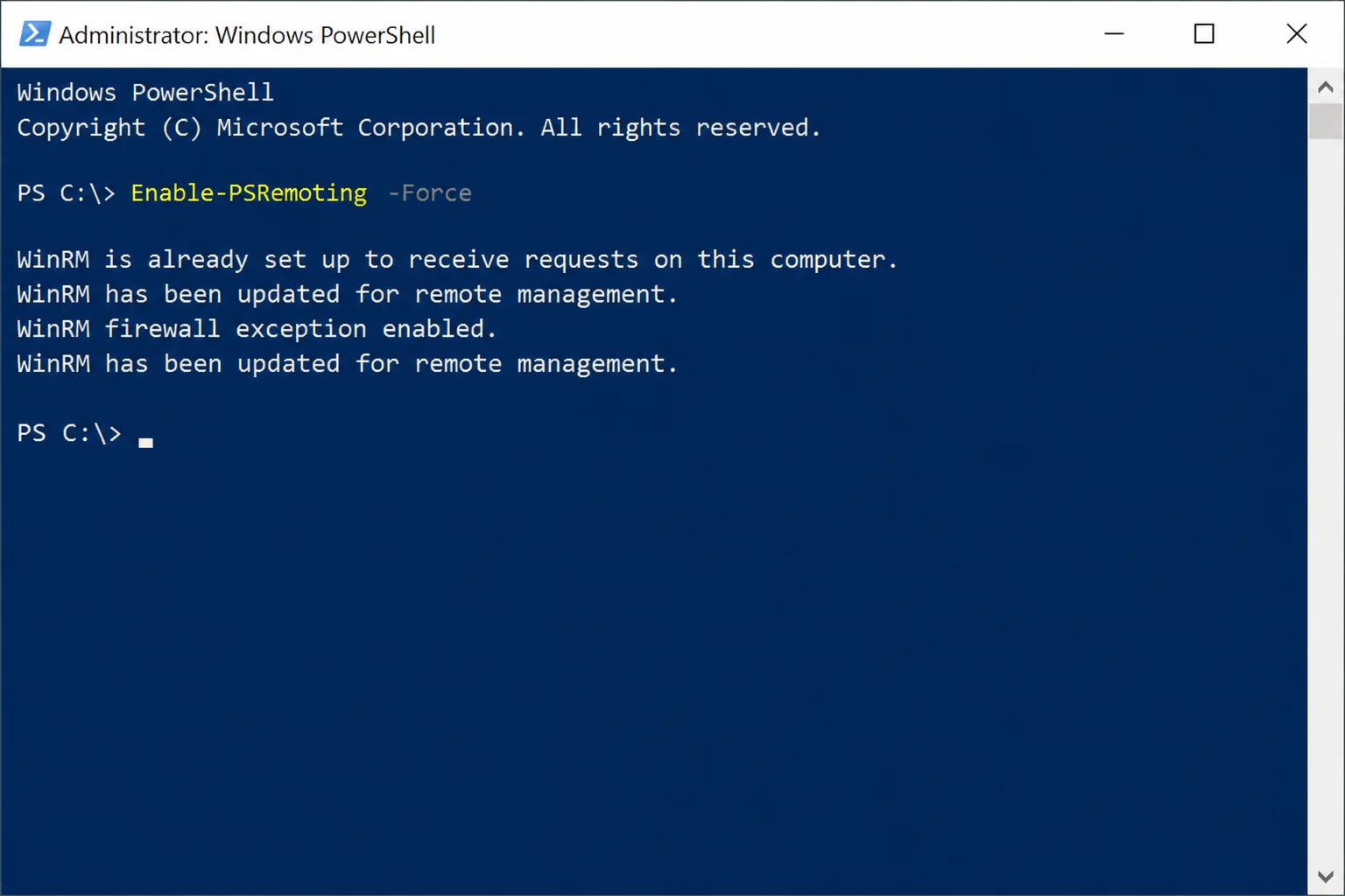 Elevated PowerShell window on Windows Server showing the Enable-PSRemoting -Force command and its four-line confirmation output