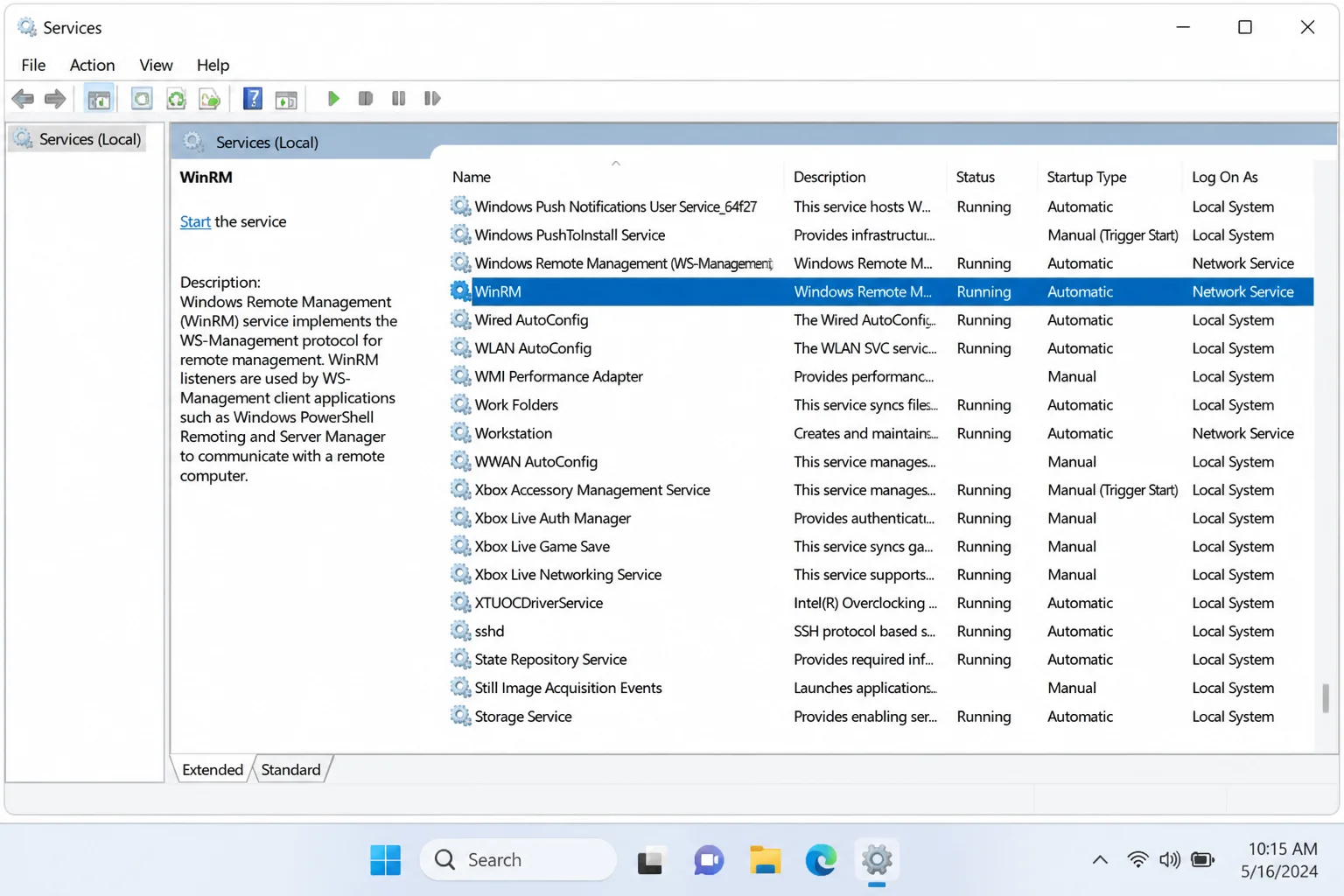 Windows Services console (services.msc) showing WinRM and sshd services with Status Running and Startup Type Automatic