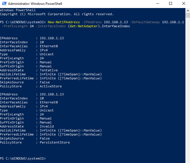 assign static ip powershell
