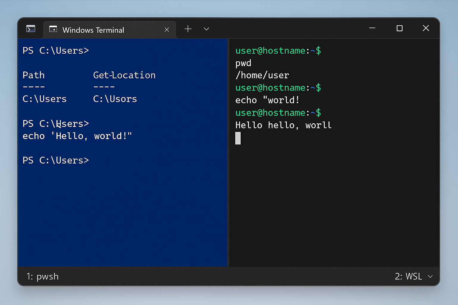 Windows Terminal showing both PowerShell and WSL Bash sessions side by side