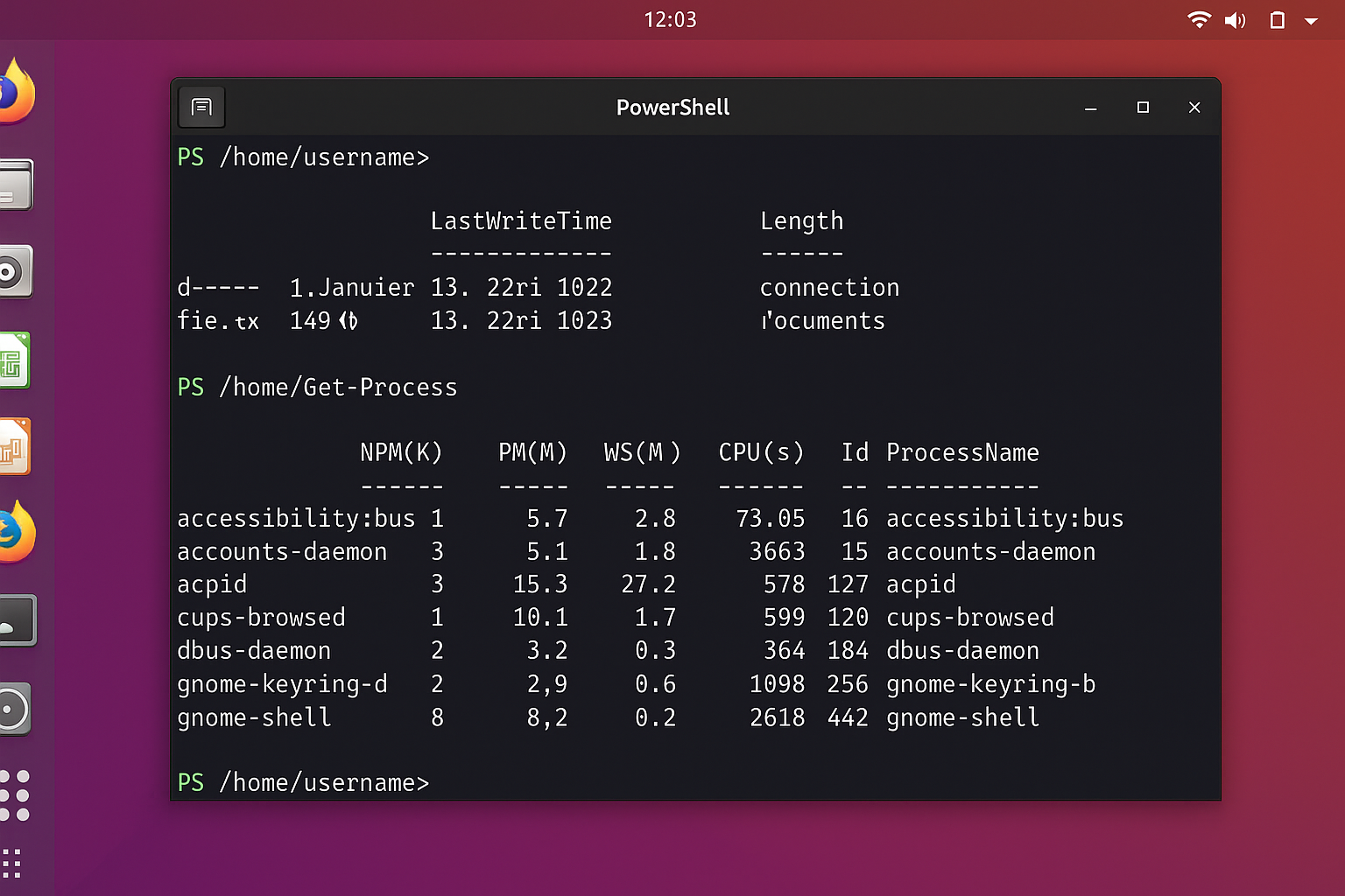 PowerShell Core running on Ubuntu Linux showing cross-platform cmdlets