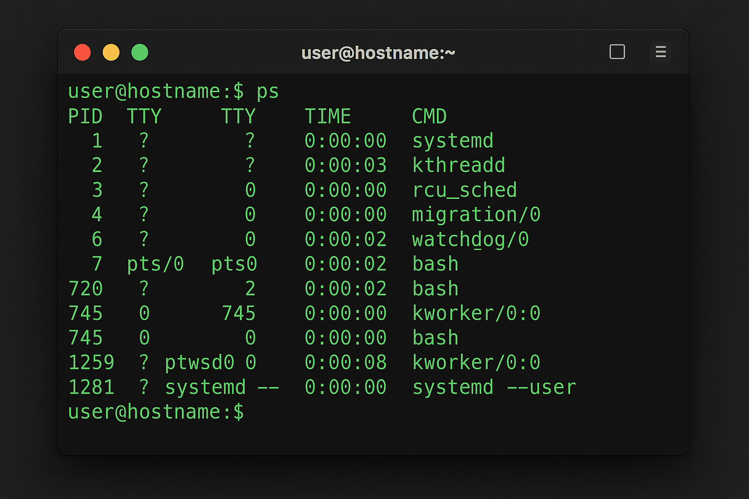 Bash terminal showing ps command output being processed through awk and sort with text manipulation