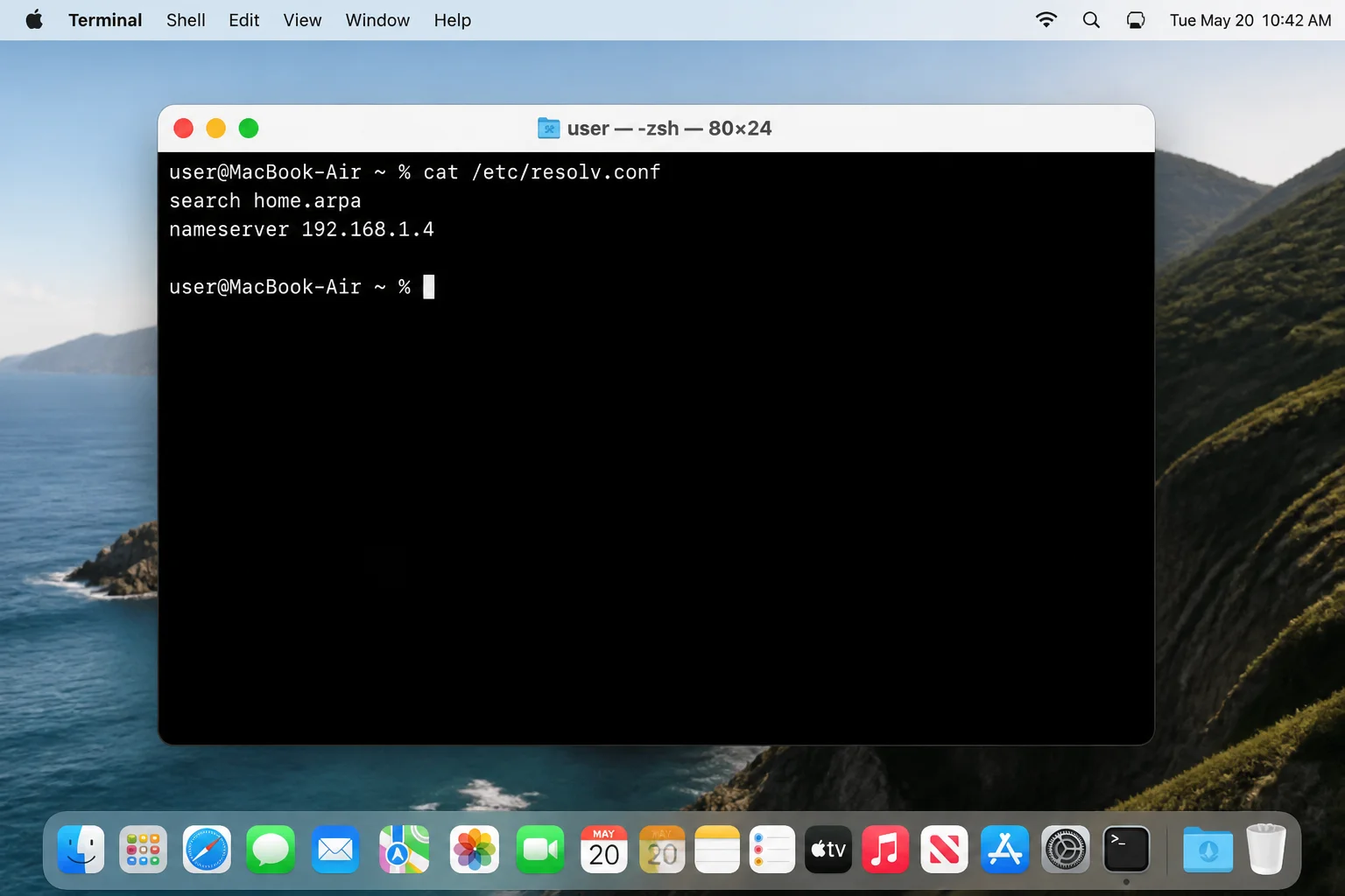 Terminal showing resolver search domains and ndots followed by timed short-name and fully qualified hostname lookups