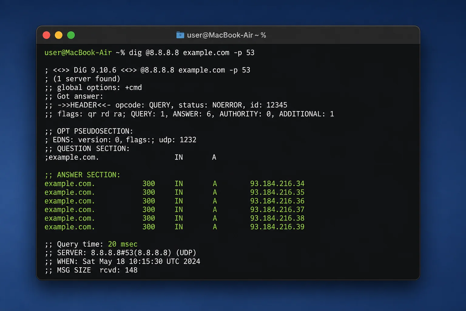 Terminal showing UDP and TCP dig tests to an upstream resolver with port 53 results highlighted