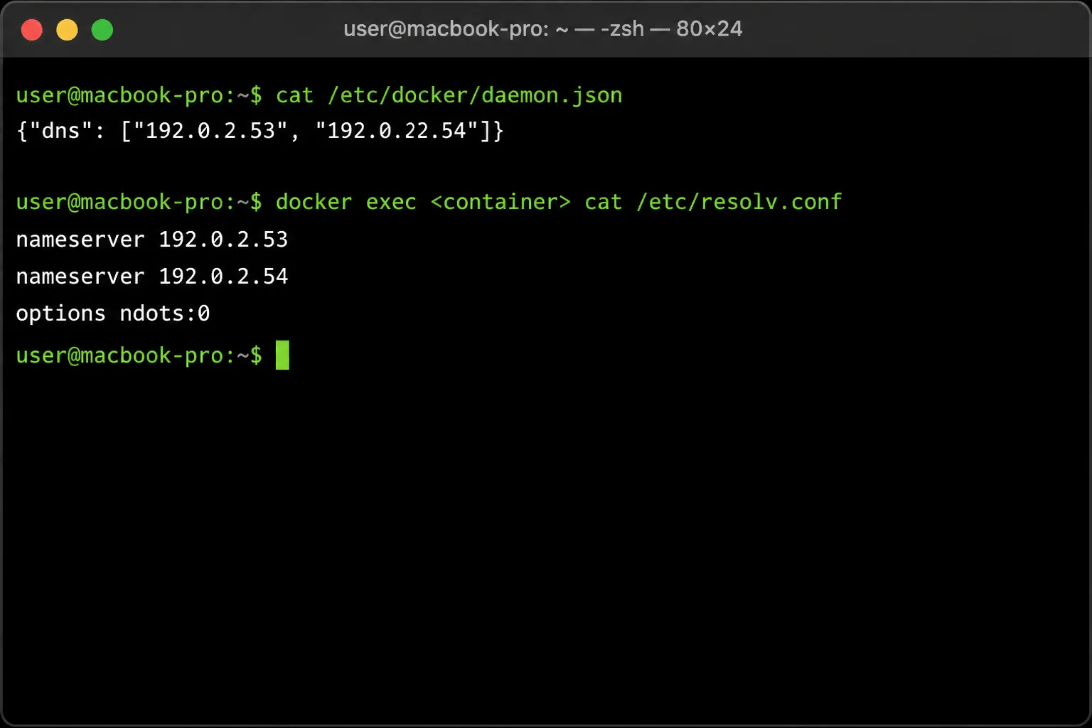 Terminal showing a valid daemon JSON DNS configuration and a container inspection confirming explicit DNS behavior
