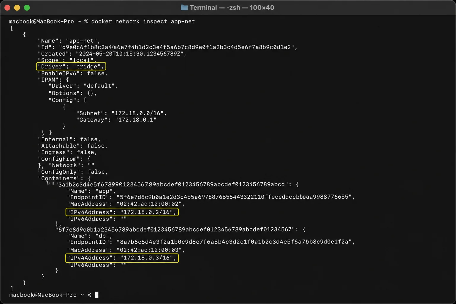 Terminal showing docker network inspect app-net with the bridge driver, app and db containers, and their IPv4 addresses highlighted