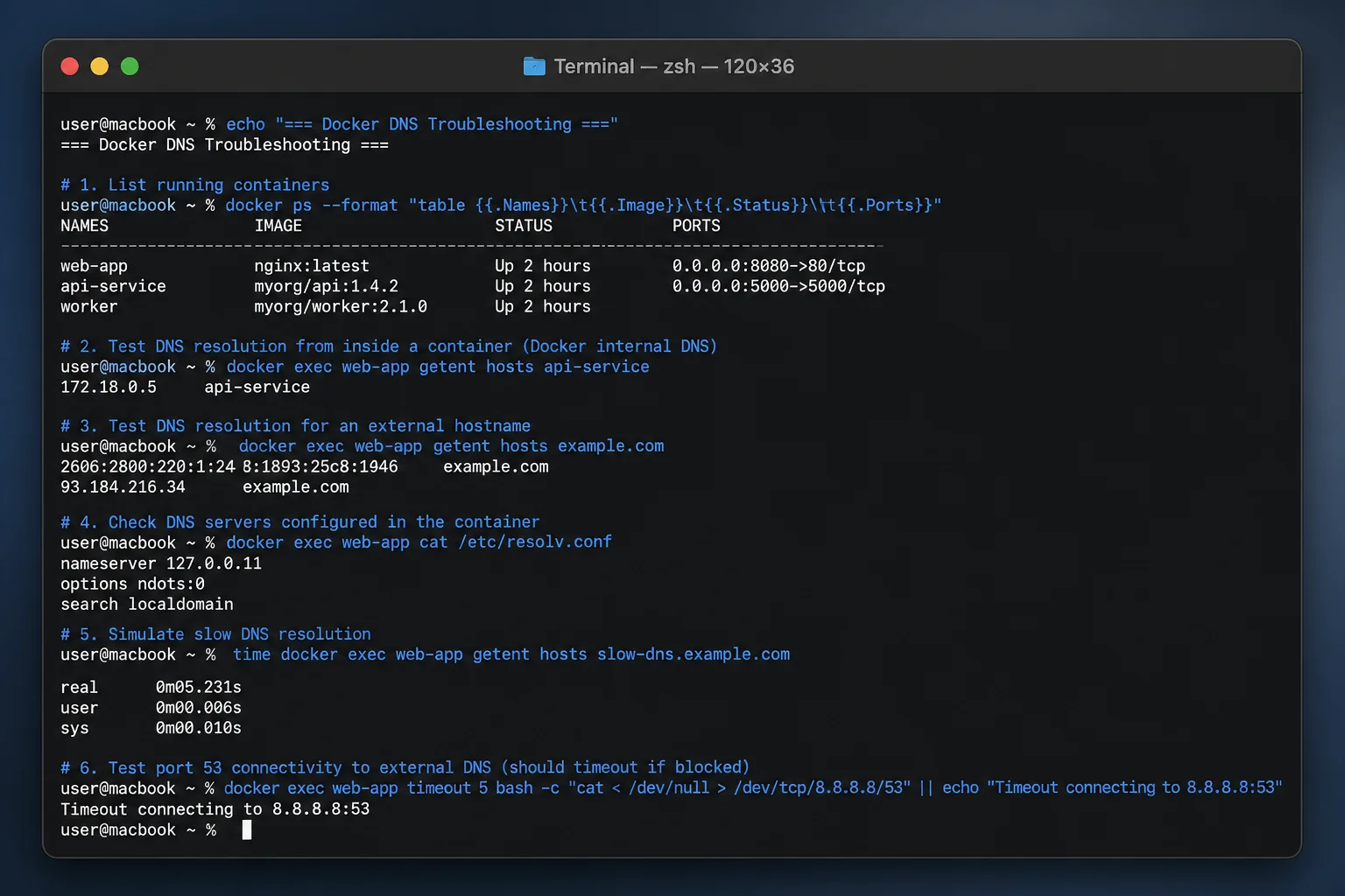 Terminal-style panel showing the final decision tree with branches for container names, external hostnames, slow DNS, and port 53 timeouts