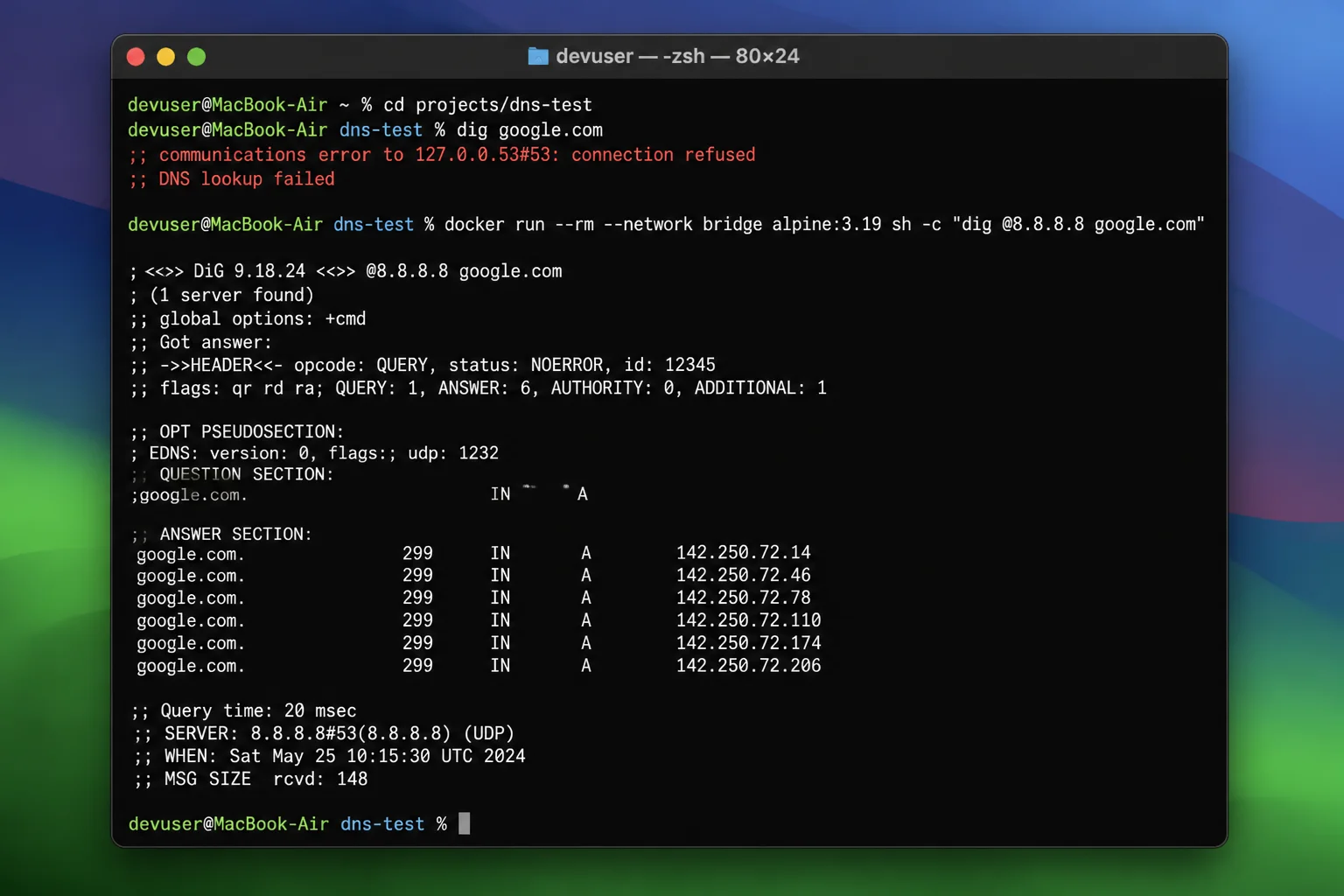 Terminal showing a failed external lookup followed by a successful lookup from a container assigned an explicit DNS server
