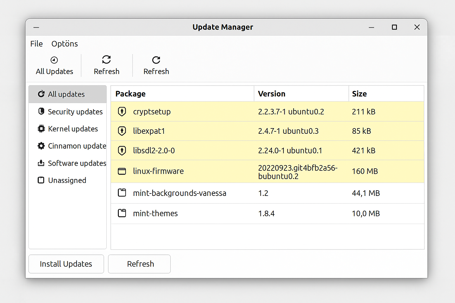 Update Manager showing available updates from different sources with security updates highlighted