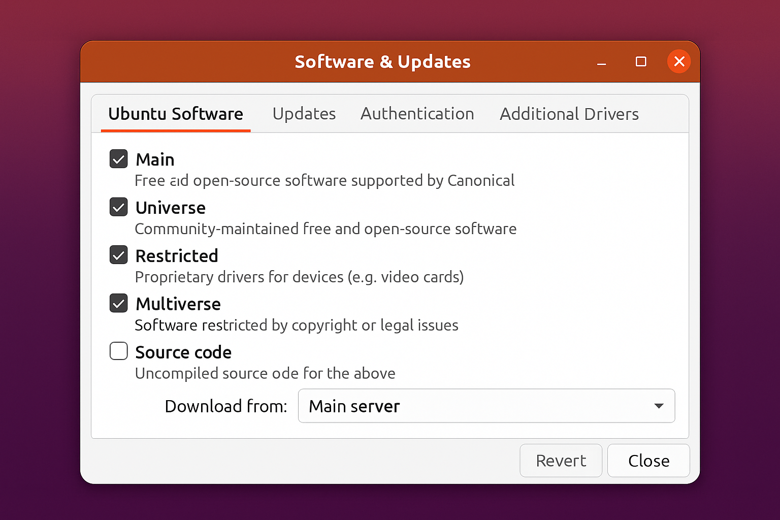 Software & Updates dialog showing Ubuntu Software tab with universe and multiverse repositories checked