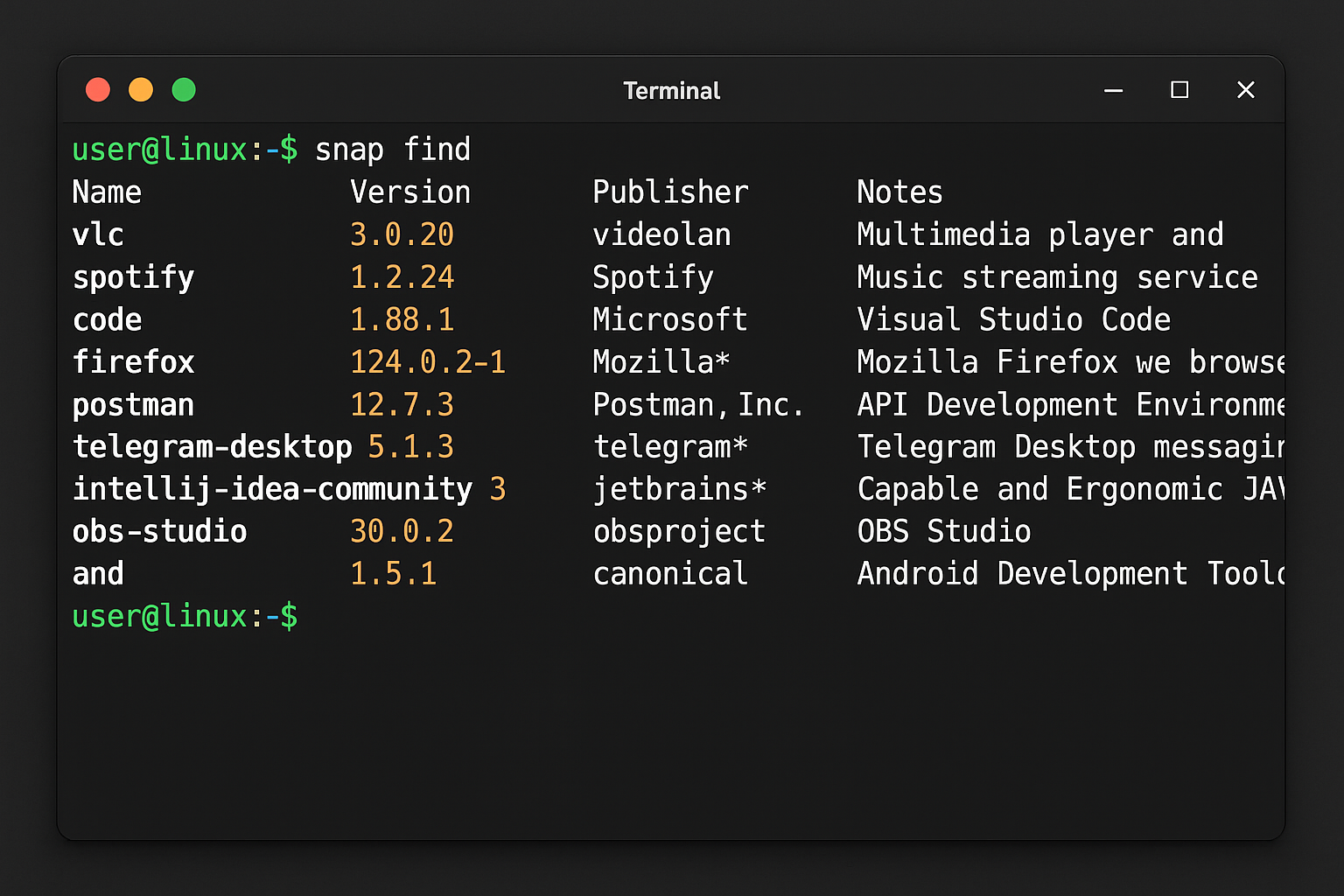 Terminal showing snap find command results and successful snap installation