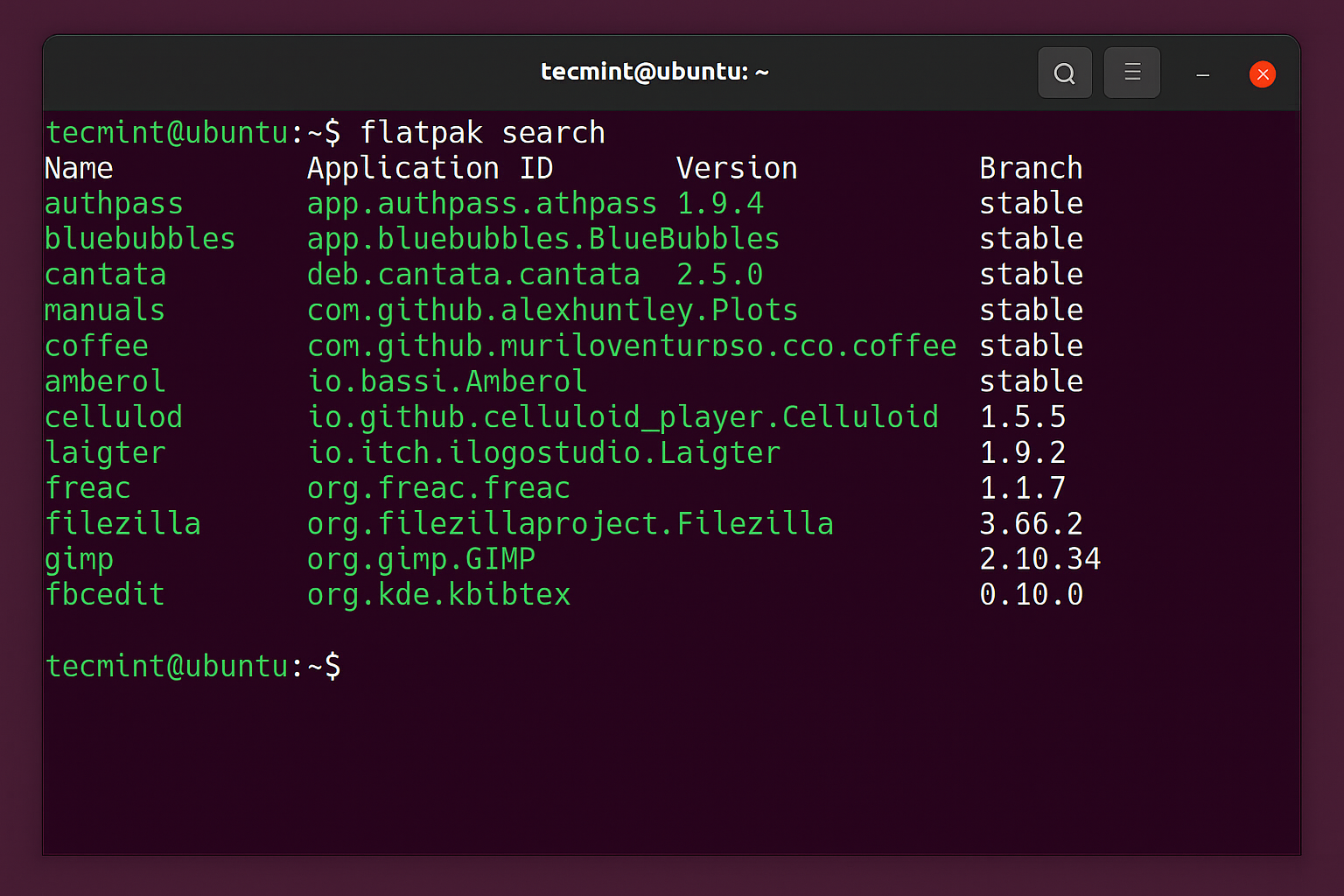 Terminal showing flatpak search results and installation process