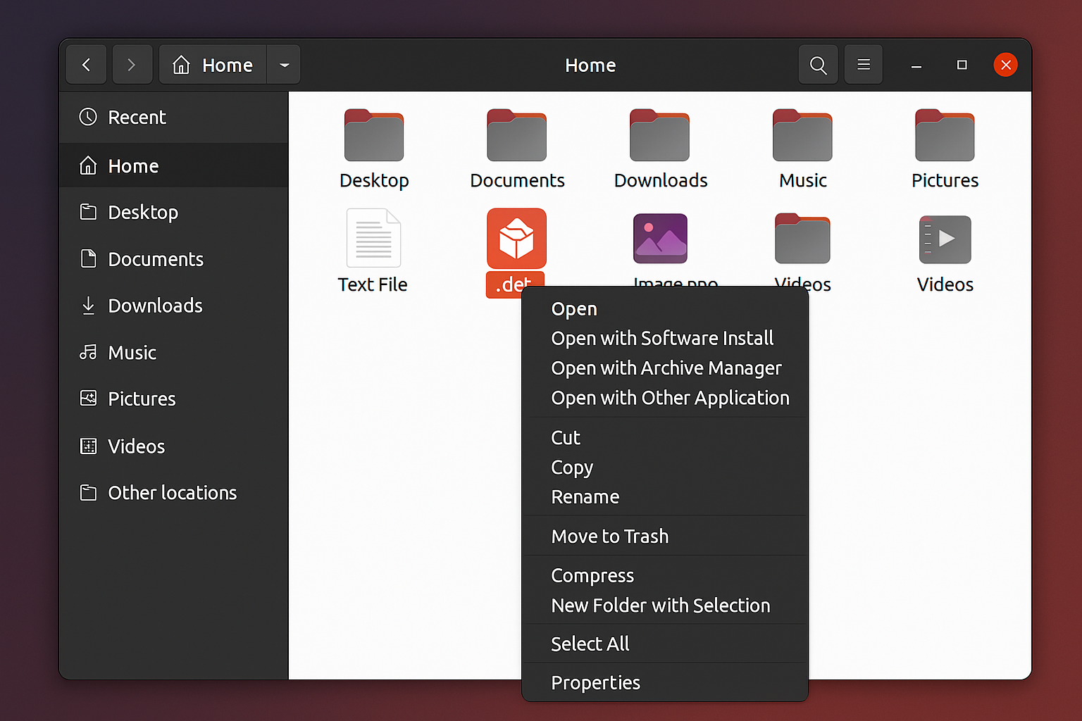 File manager showing .deb file with right-click context menu displaying installation options