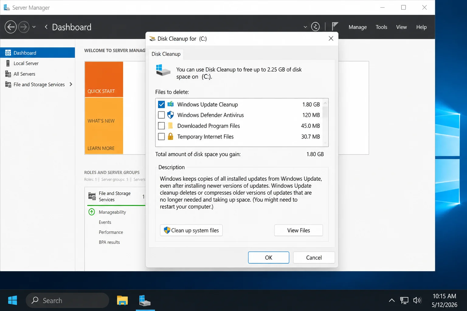 Disk Cleanup dialog after clicking Clean up system files, showing the category checklist with Windows Update Cleanup selected and its reported size