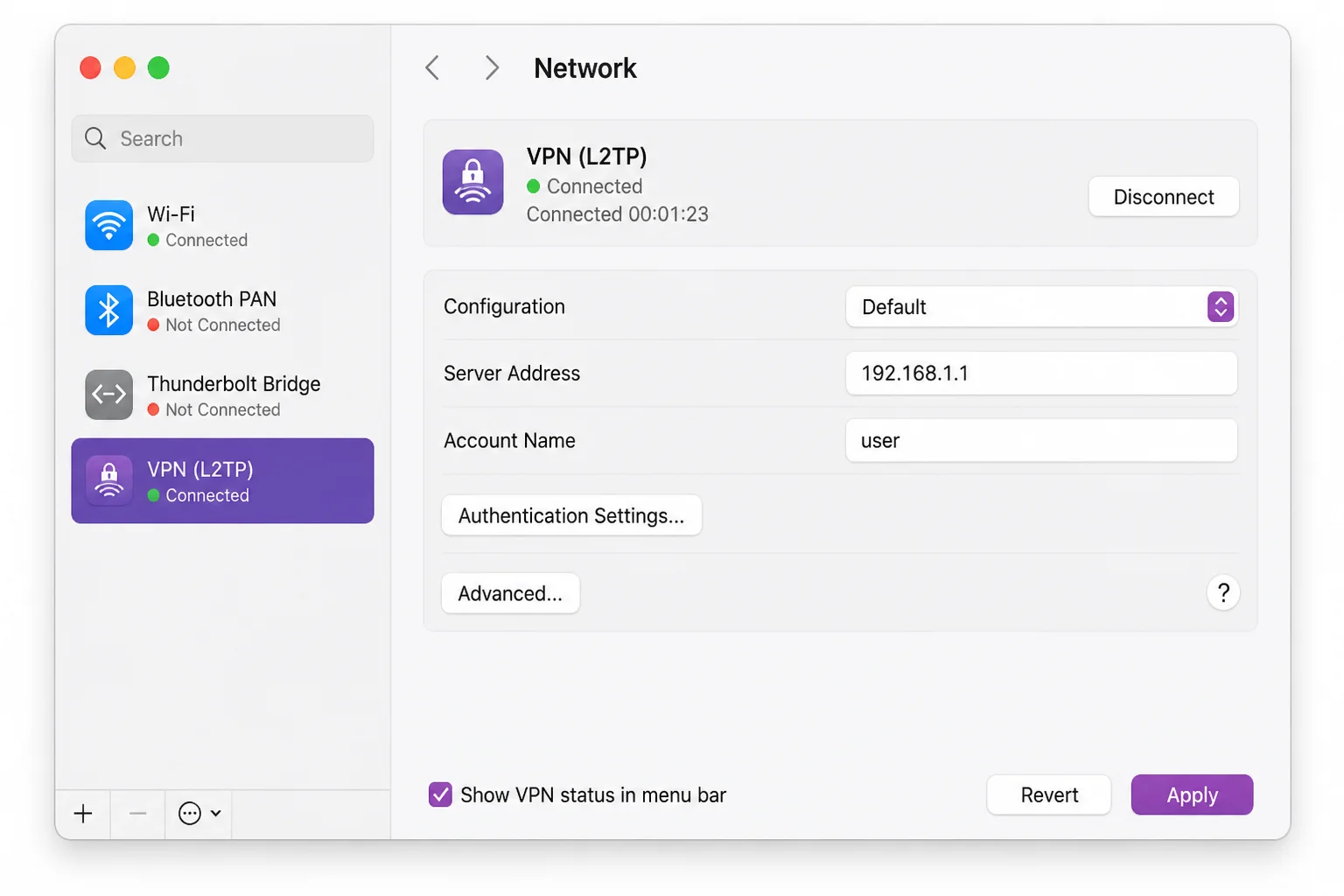 macOS System Settings Network pane showing an active VPN or LAN connection used to reach the Windows Server host