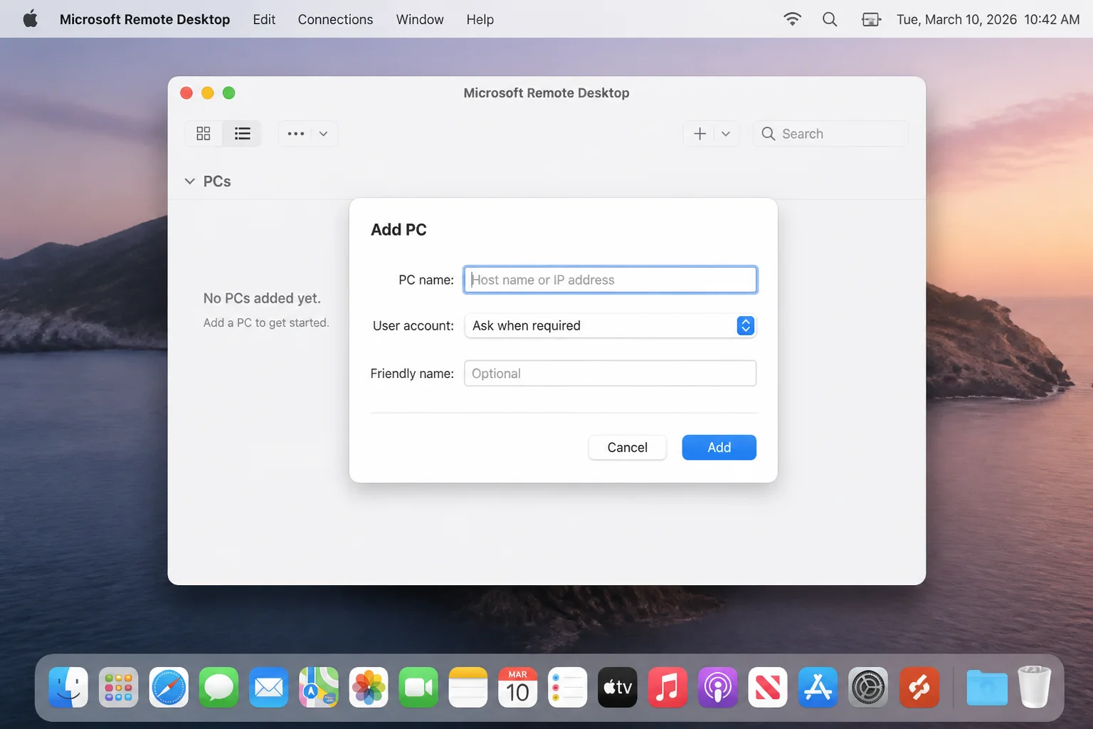 Microsoft Remote Desktop app on macOS showing a saved RDP connection to the Windows Server host
