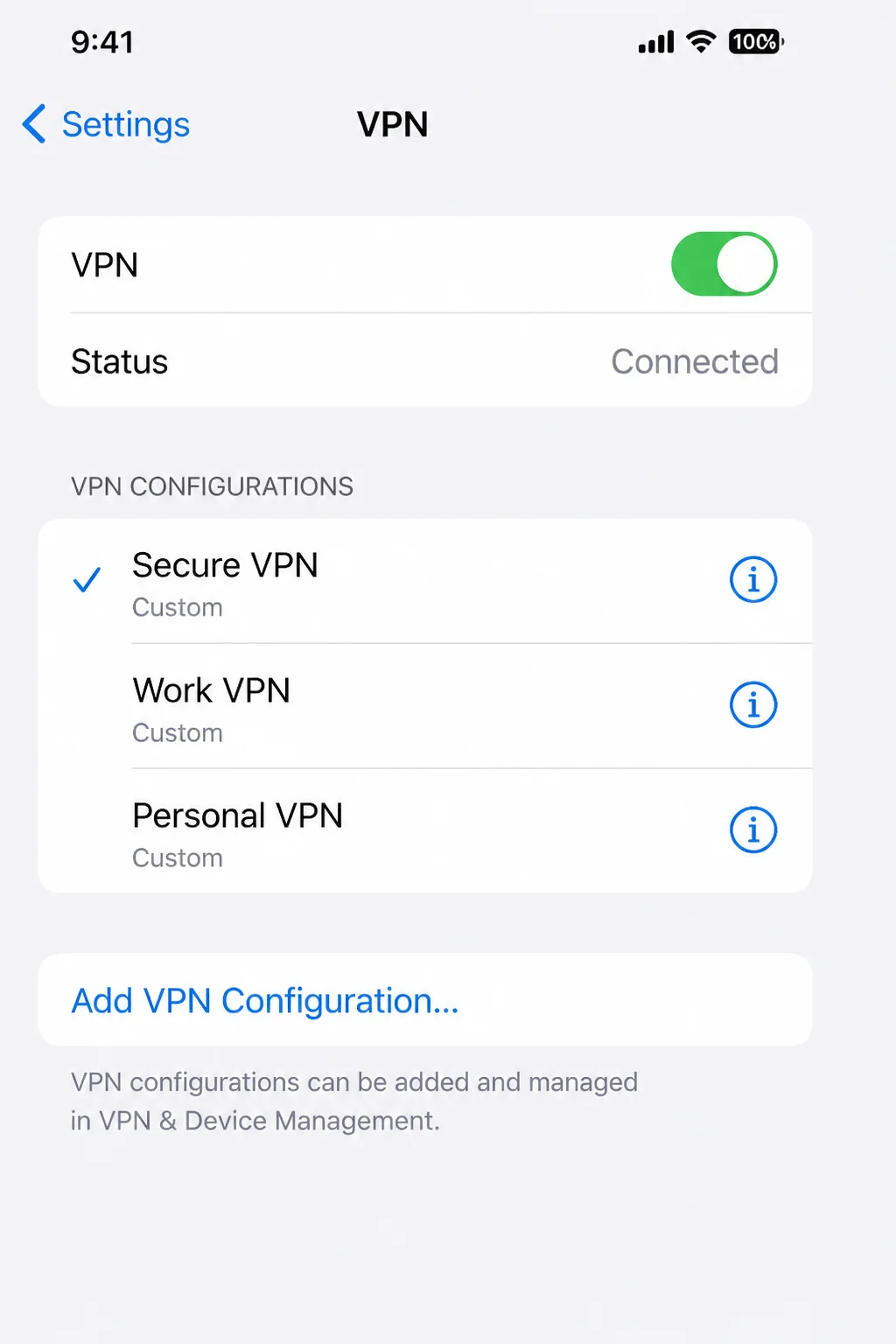 iOS Settings VPN screen showing an active VPN connection used to reach the Windows Server host