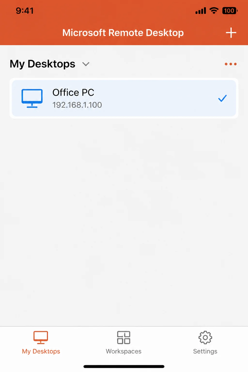 Microsoft Remote Desktop app on iOS showing a saved RDP connection to the Windows Server host