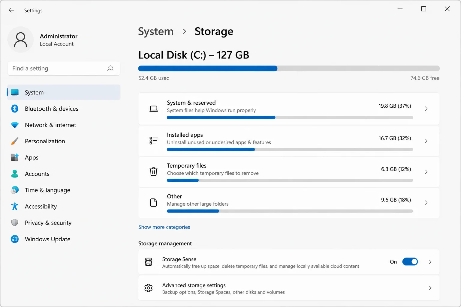 Windows Server 2025 Settings app System > Storage page showing a breakdown of space used by system files, temporary files, and apps