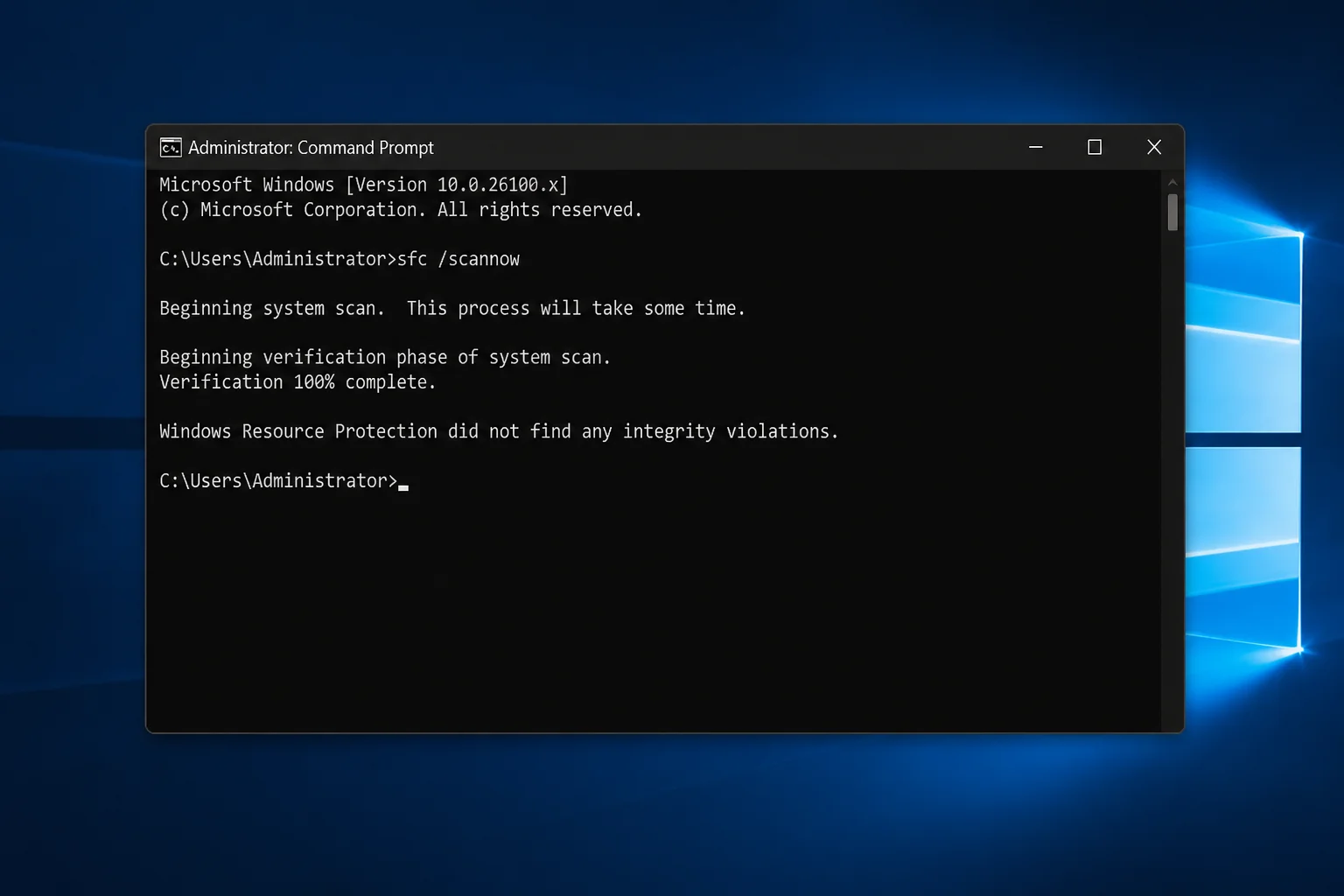 Command Prompt window running sfc /scannow with the verification progress bar and completion message