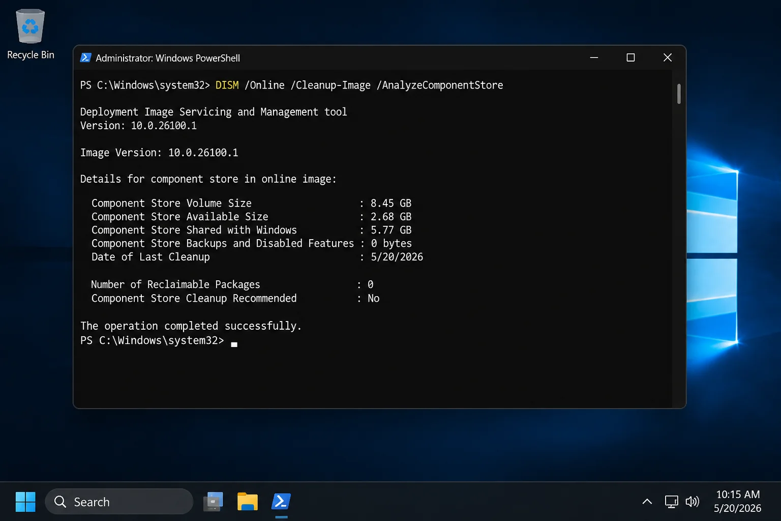 PowerShell output of DISM /Online /Cleanup-Image /AnalyzeComponentStore showing component store size and reclaimable packages