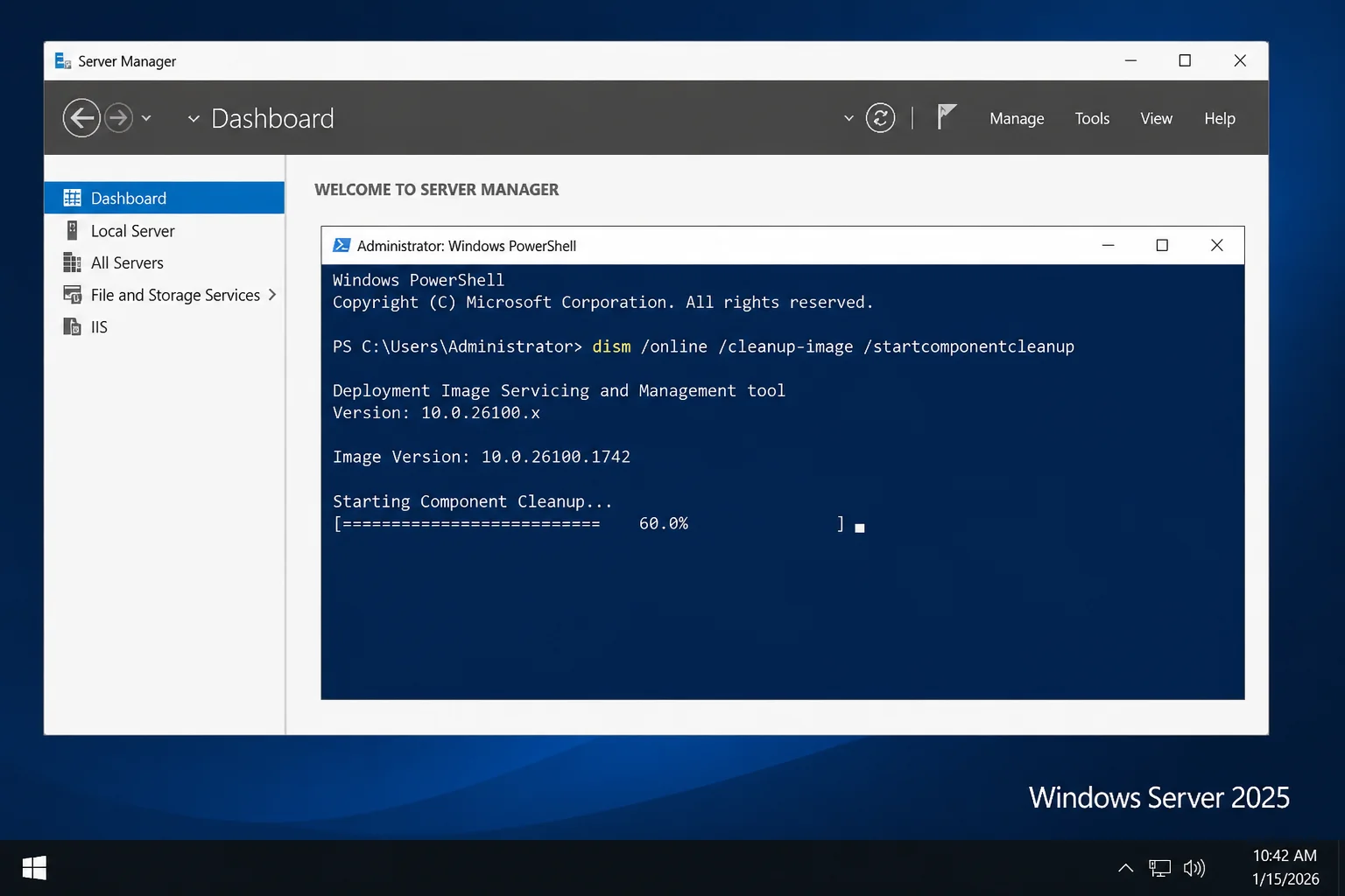 PowerShell output of DISM /Online /Cleanup-Image /StartComponentCleanup showing progress bar reaching completion